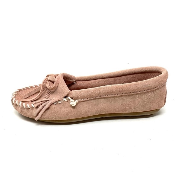 Minnetonka Kilty Suede Whipstitch Moccasins pink - Picture 1 of 7